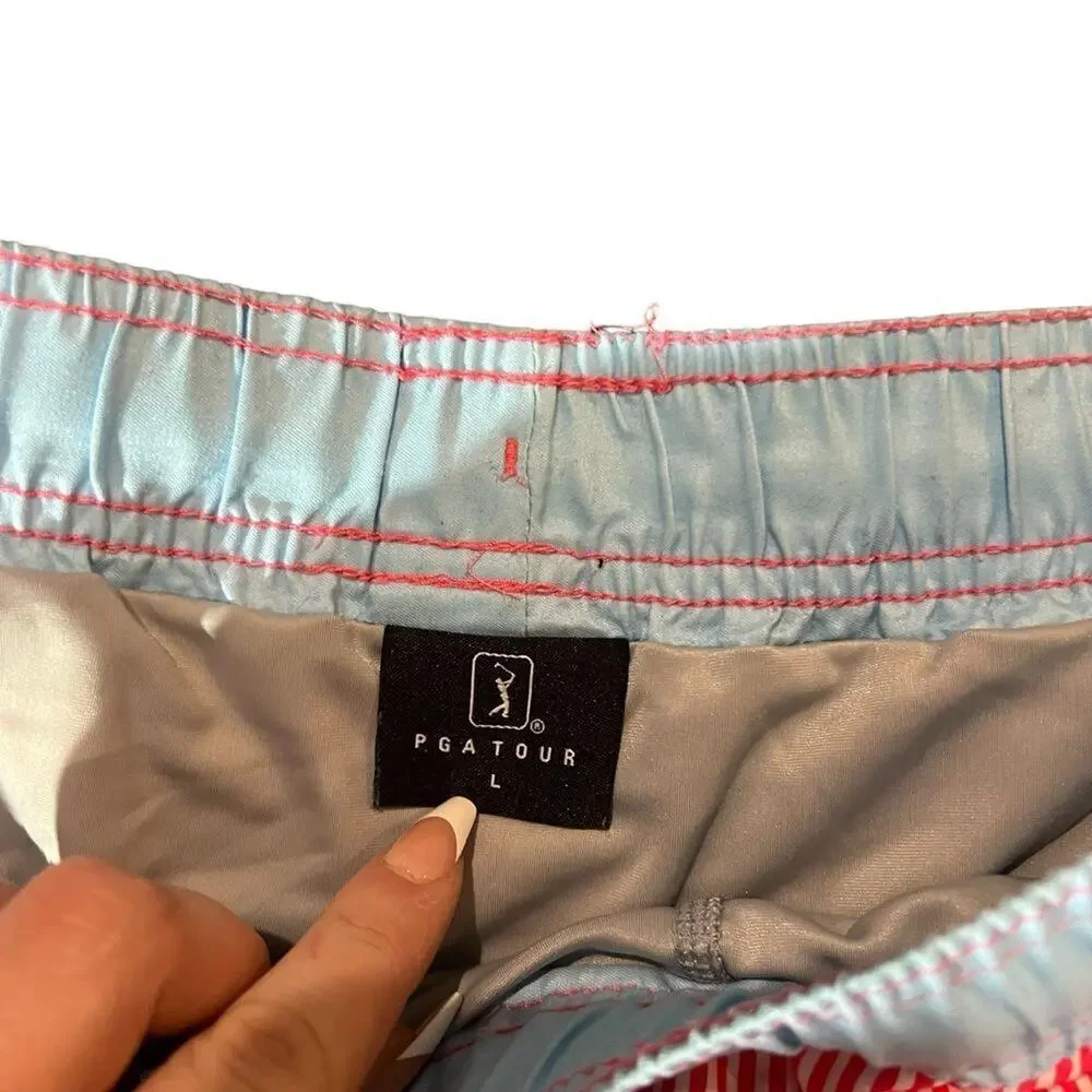 PGA TOUR Mens Board Shorts Swim Trunks Size Large Red White Stripe Blue Waist‎